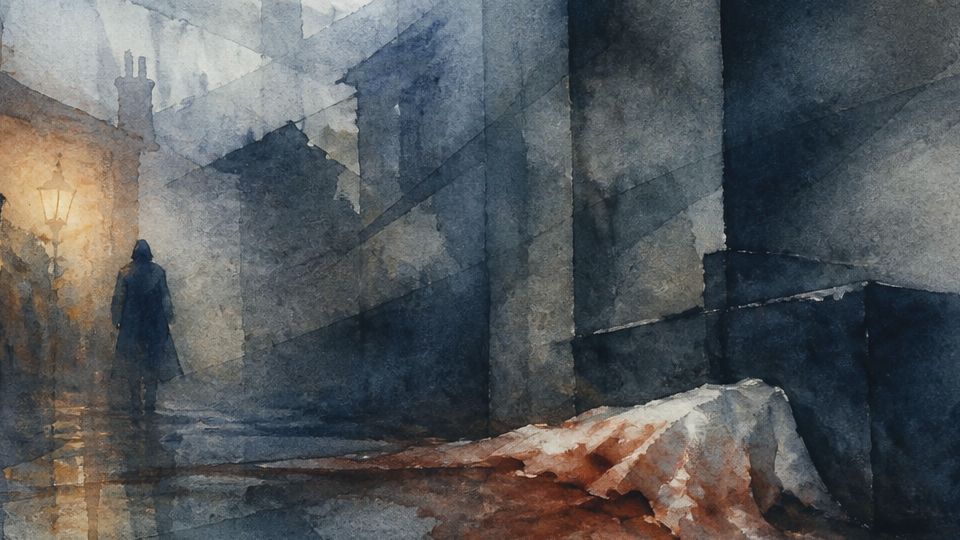 A figure walks away beside a shadowy street with a white cloth and deep blue watercolor tones.