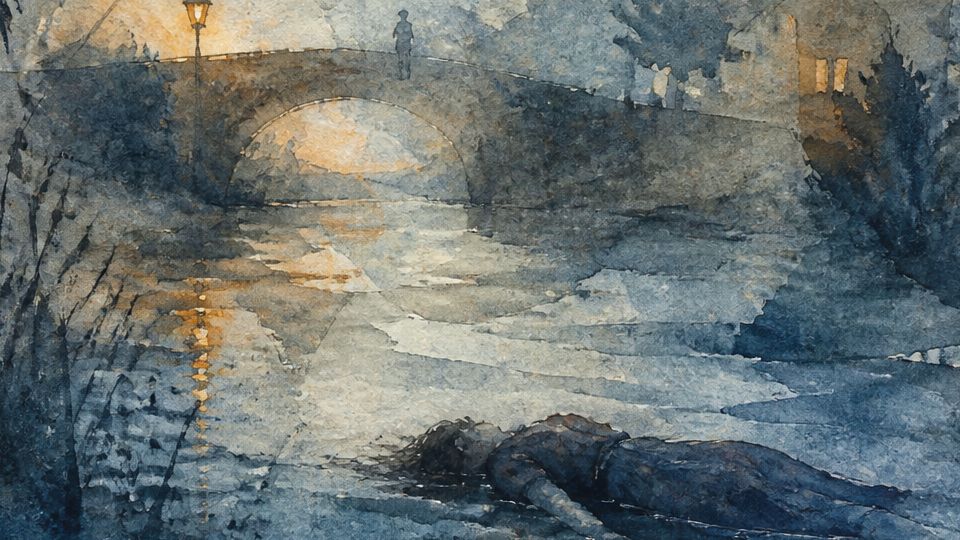 A figure lies in water under a bridge in a moody watercolor scene with dark blues and soft oranges.