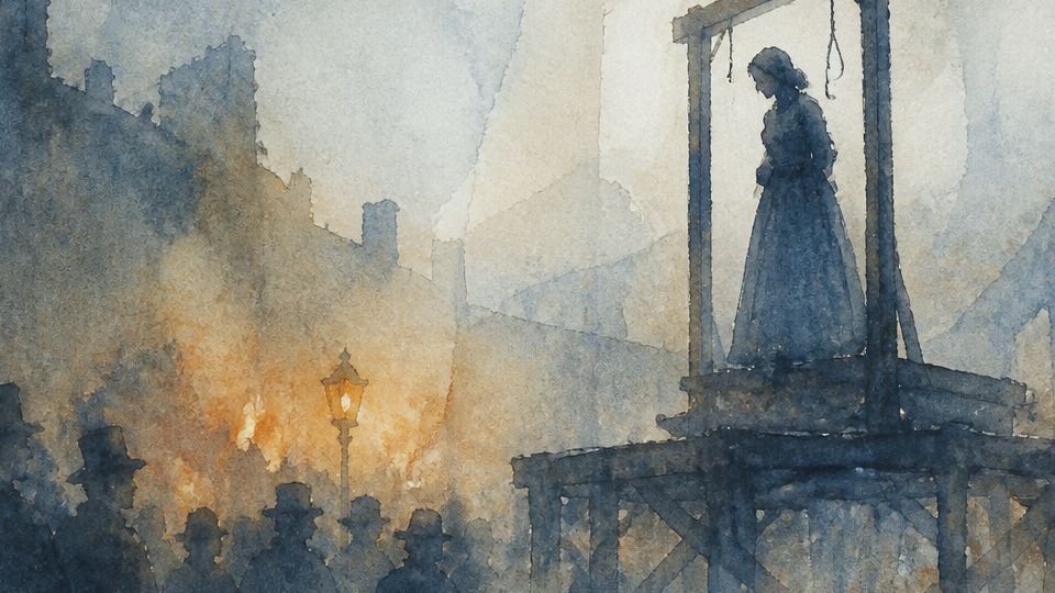 A somber figure stands on a gallows, surrounded by shadowy figures, in dark watercolors with.
