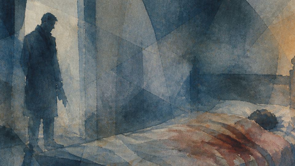 A shadowy figure stands in a doorway, while a body lies on a bed, depicted in dark watercolors.