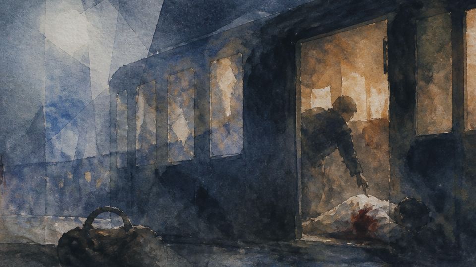 A figure reaches toward a lifeless body by a train, depicted in moody watercolors with dark blues.
