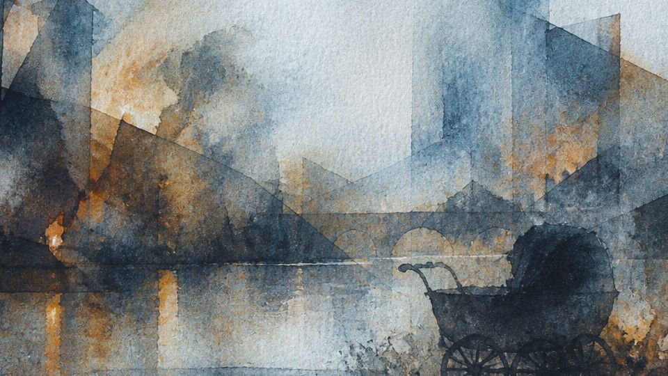 A dark silhouette of a baby carriage stands against a moody watercolor scene in blues and browns.
