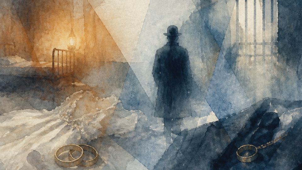 A figure in a dark coat stands near a bed, with gold rings in watercolor hues of blue and orange.