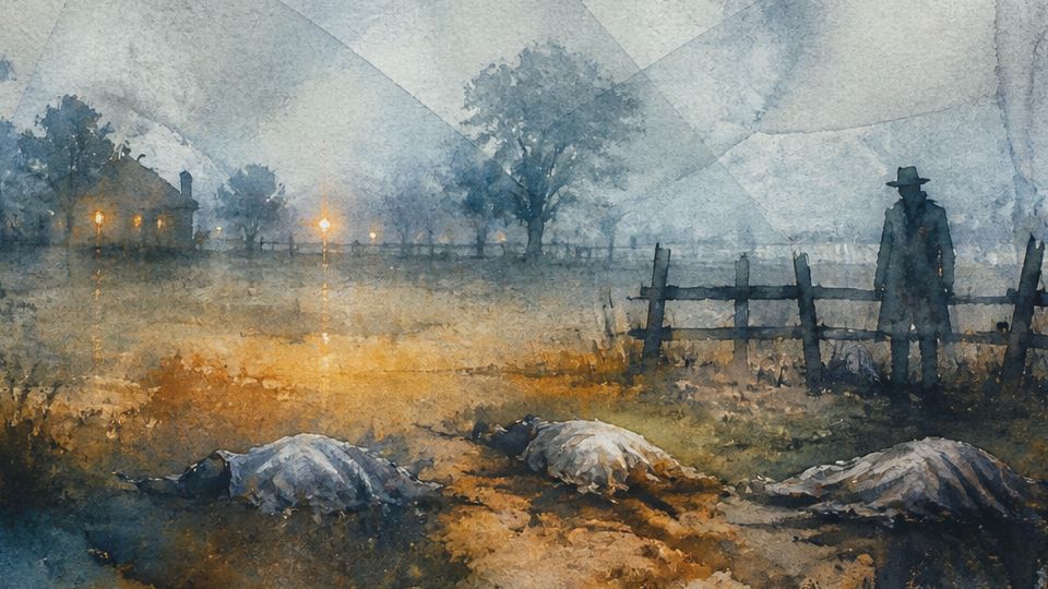A shadowy figure stands near three bodies in a foggy landscape, with soft blue and orange.