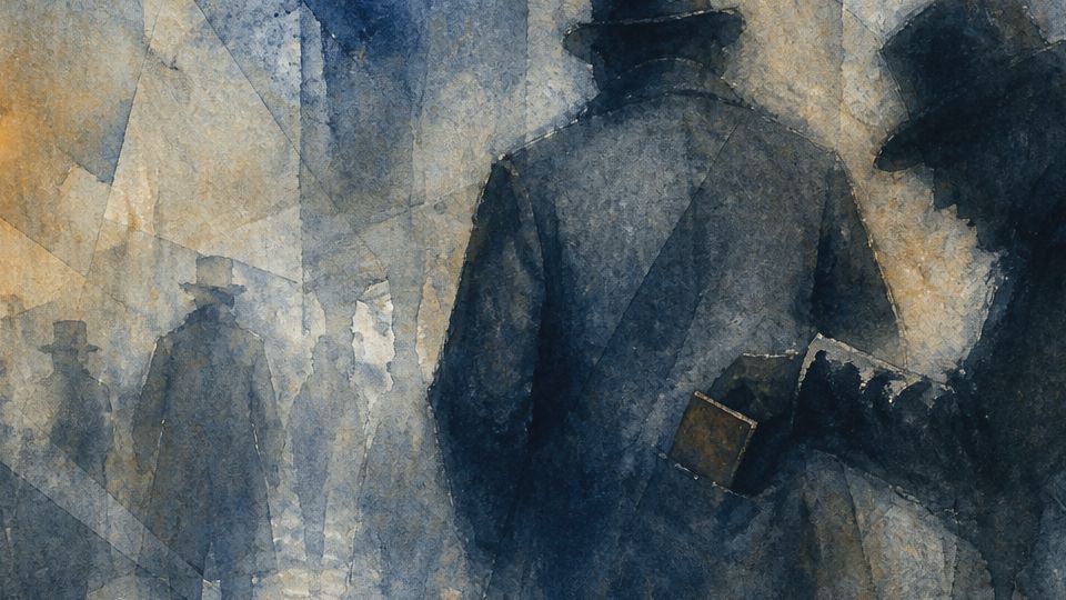 A shadowy figure stealthily picks a pocket under a streetlamp, depicted in warm and cool.