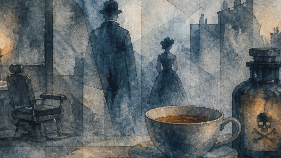 A figure stands ominously behind a woman, alongside a coffee cup and poison bottle in watercolor.