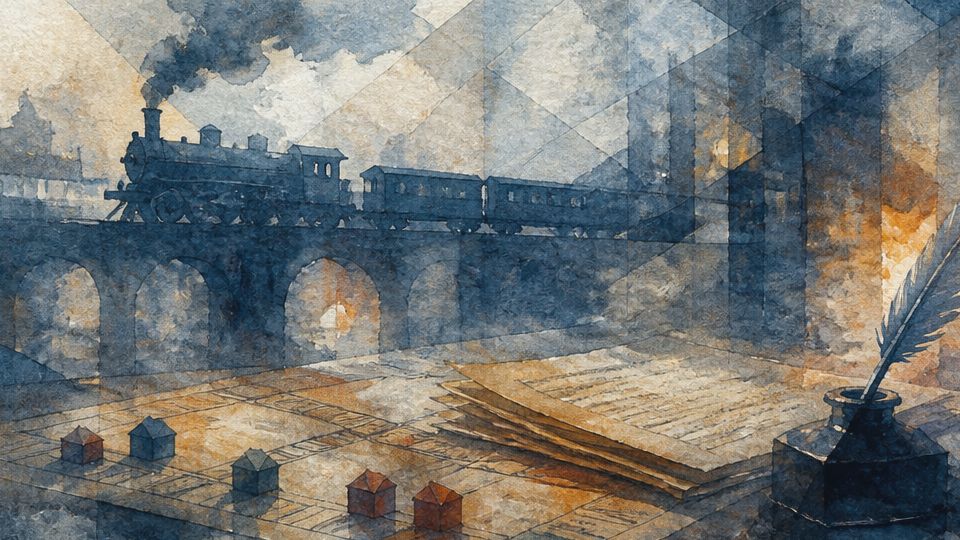 A steam train crosses a bridge over papers and ink, in blue and brown watercolors.
