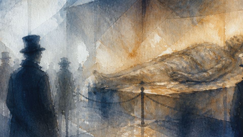 A group of onlookers gaze at a giant figure in a museum, painted in warm browns and blues.