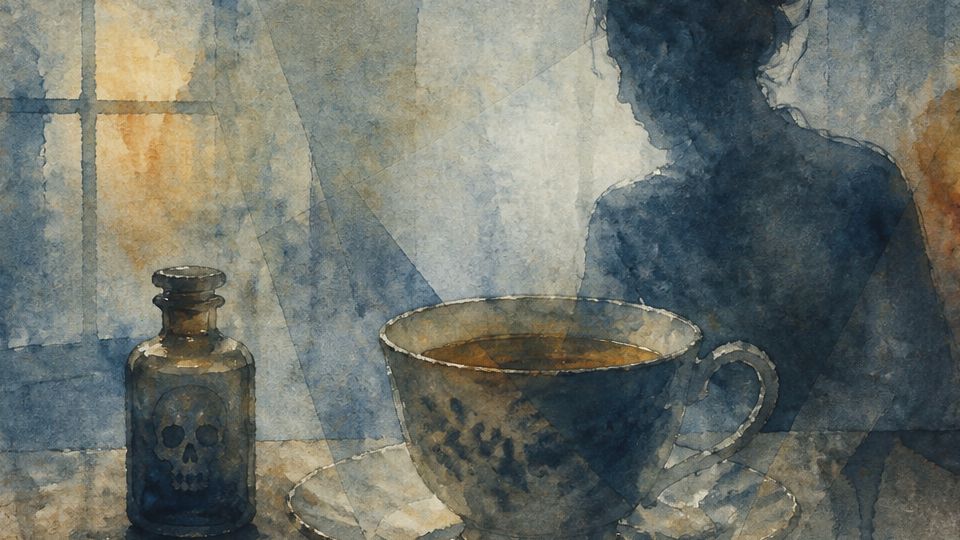 A woman sits with a teacup beside a skull bottle, painted in dark blues and warm ochre watercolors.