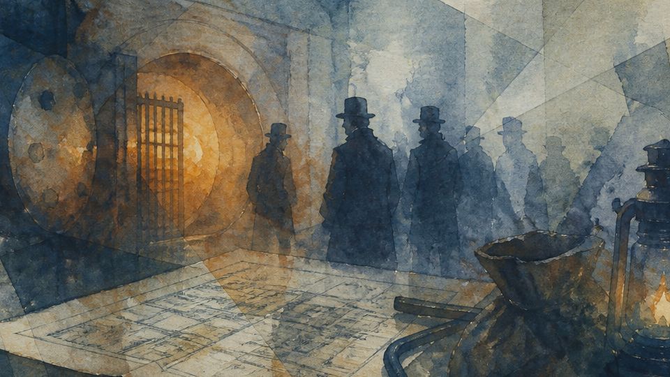 Silhouettes of men stand near a bank vault, accented with blues and warm watercolor tones.