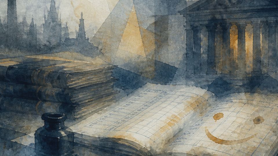 A ledger with a smiley face sits beside stacked books in a blue and brown watercolor scene.