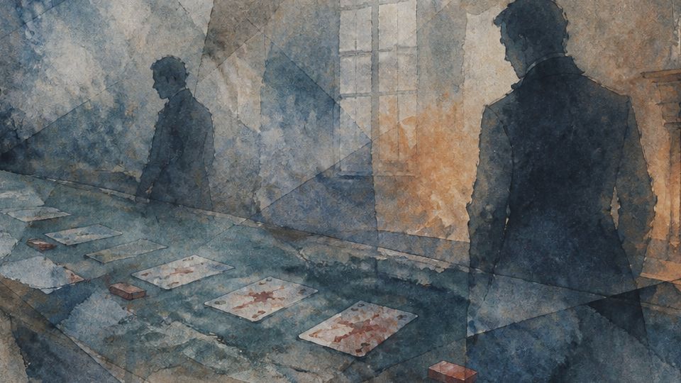 A man stands by a card table, painted in blue and brown watercolor hues. In dark blue with light.