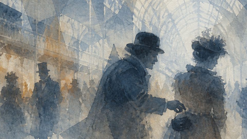 A man discreetly steals from a woman in a bustling exhibition, depicted in soft blues and browns.