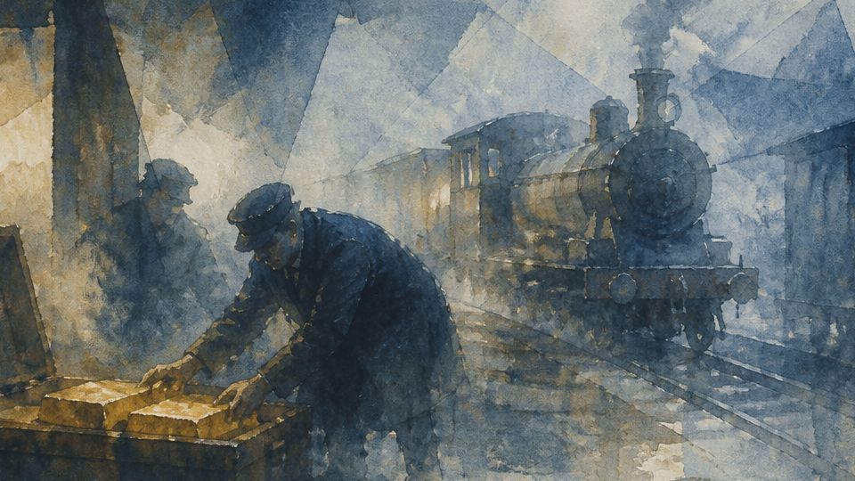 A man inspects gold bars near a steam train, illustrated in shades of blue and brown watercolor.