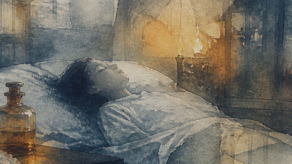 A sleeping woman lies on a bed with a bottle nearby in dark blue and amber watercolor hues.