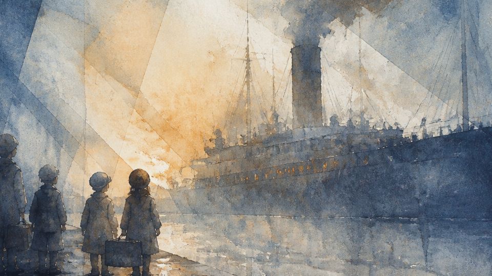 Children with suitcases gaze at a ship, rendered in blue and orange watercolor. In dark blue with.