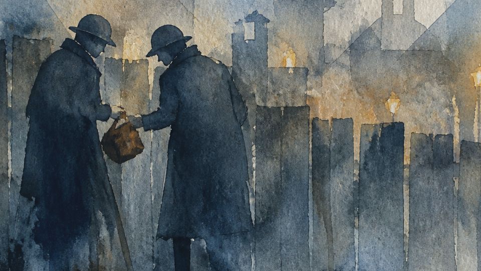 Two figures exchange a bag in a misty urban scene, rendered in deep blues and warm light.