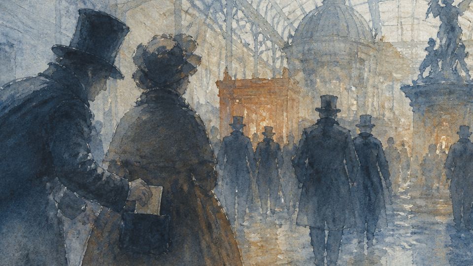 A figure appears to pickpocket in a crowded exhibition, depicted in soft blues and browns.