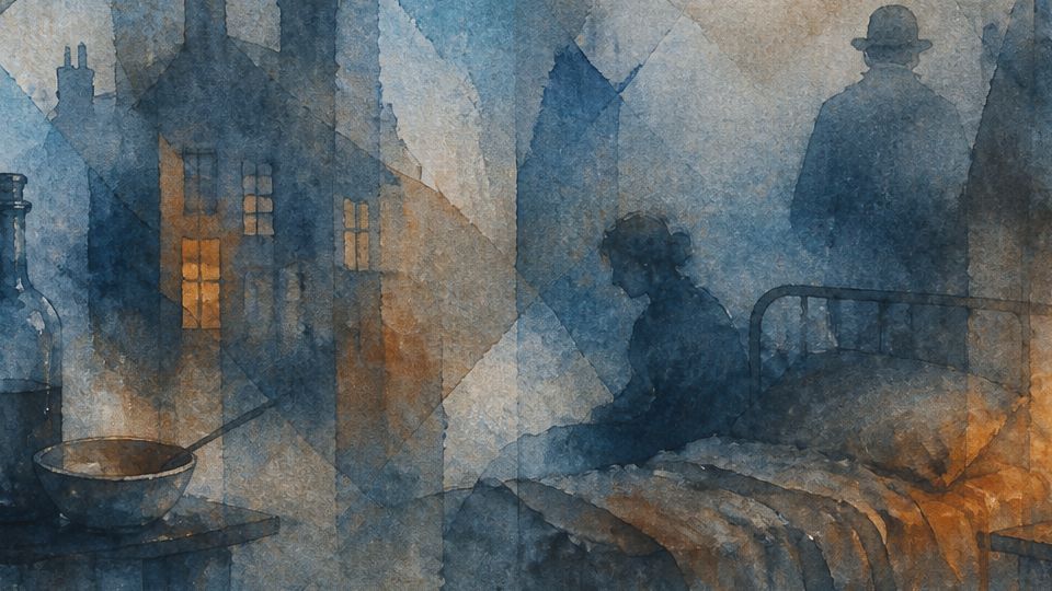 A figure sits on a bed beside a lantern, with watercolor blues and warm orange tones.