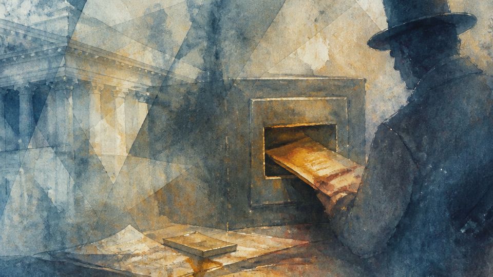 A man deposits a document into a box, surrounded by blue and amber watercolor shades.