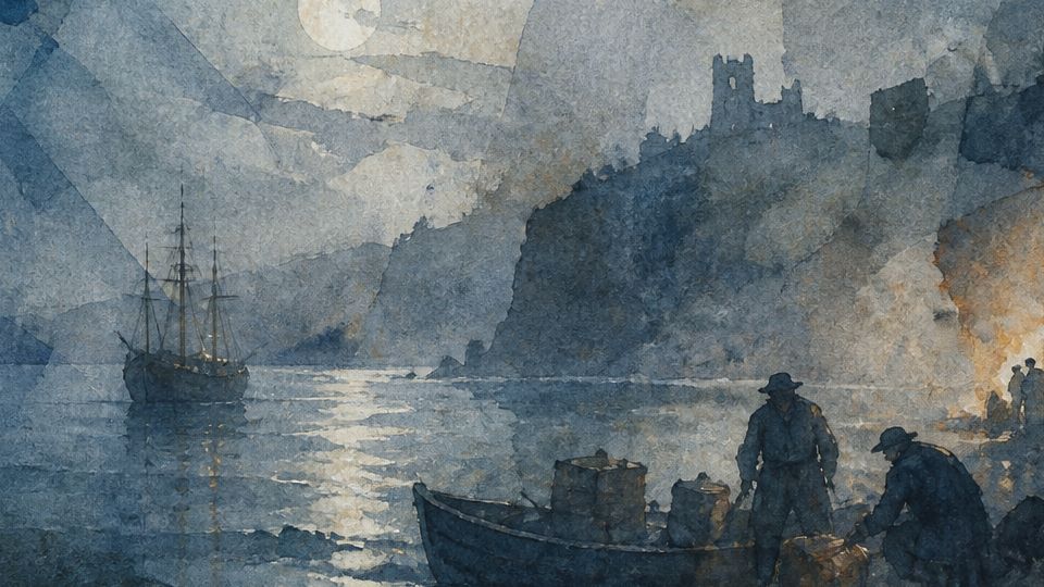 Figures unload goods from a boat at night, with blue tones and soft, glowing highlights.