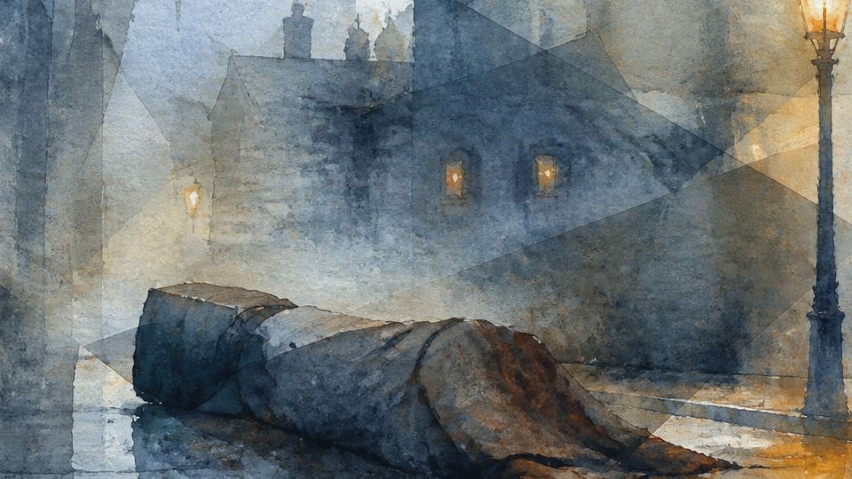 A fallen statue lies in a misty street, illuminated by soft yellow watercolor tones.