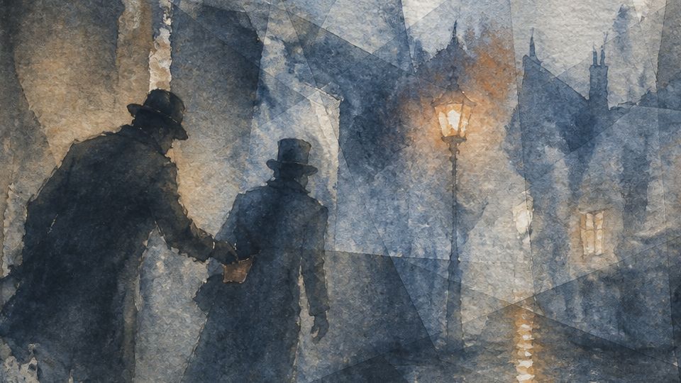 Two shadowy figures walk on a rainy street in muted blues and warm amber watercolor tones.