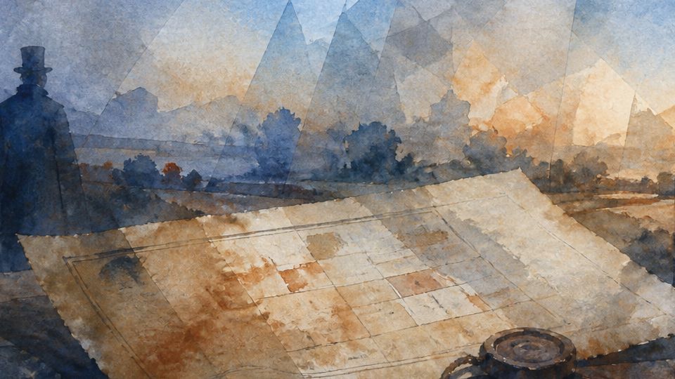 A figure in a dark coat stands by a map, watercolor depicting blue and warm earth tones.