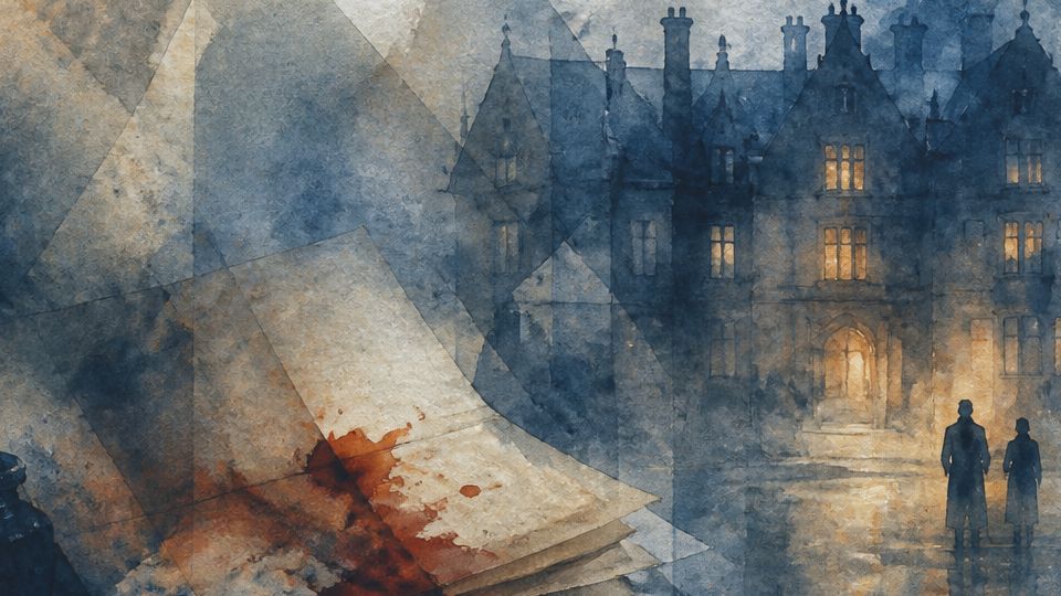 Two figures stand near a dimly lit mansion, with watercolor blues and hints of red stains.