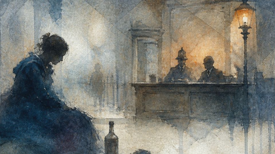 A woman sits despondently with a bottle nearby, painted in soft blues and browns with watercolor.