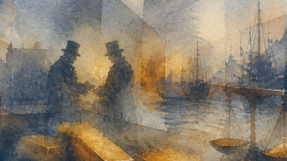 Two men shake hands near gold bars, depicted in warm yellows and deep blues in watercolor.