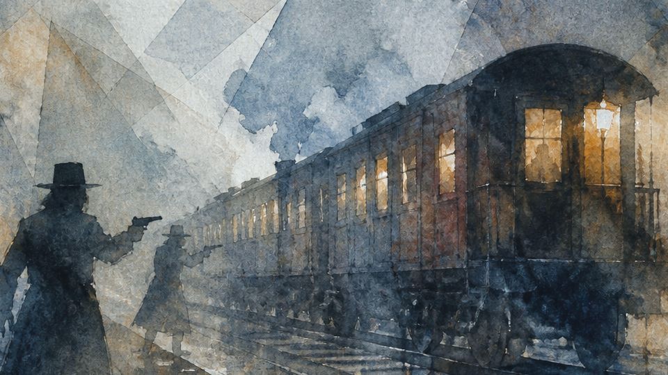 Silhouetted figures aim guns at a train in soft gray and blue watercolor tones. In dark blue with.