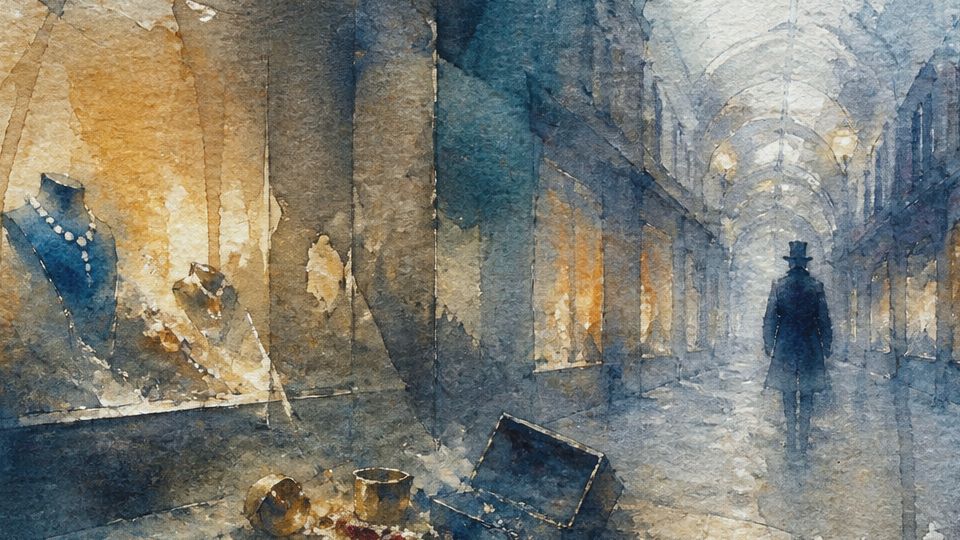 A shadowy figure walks through a dim corridor, featuring bright gold and blue watercolor tones.