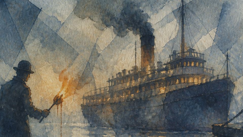 A figure with a torch stands by a ship, depicted in warm watercolor tones of blue and orange.