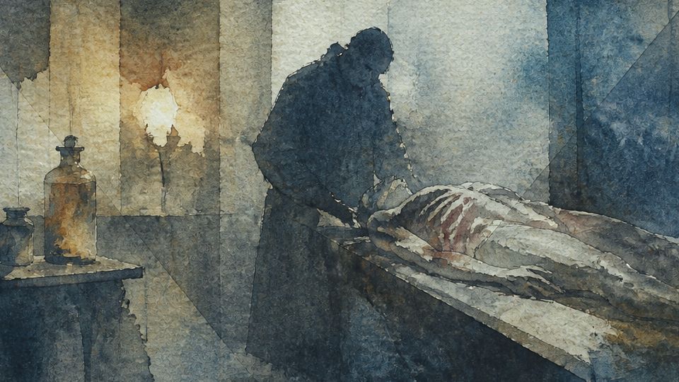 A figure examines a body in a dimly lit room, using watercolor with dark blues and browns.