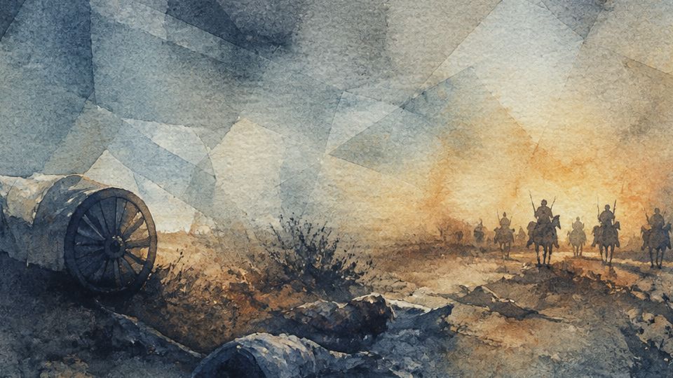 A silhouetted group of horsemen approaches an abandoned cart in warm watercolor hues.