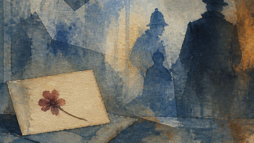 A figure in a top hat stands near a glowing lantern, with a watercolor backdrop of blues and golds.