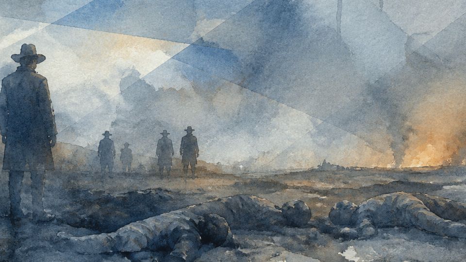 A figure stands among fallen bodies in a watercolor scene featuring dark blues and grays.