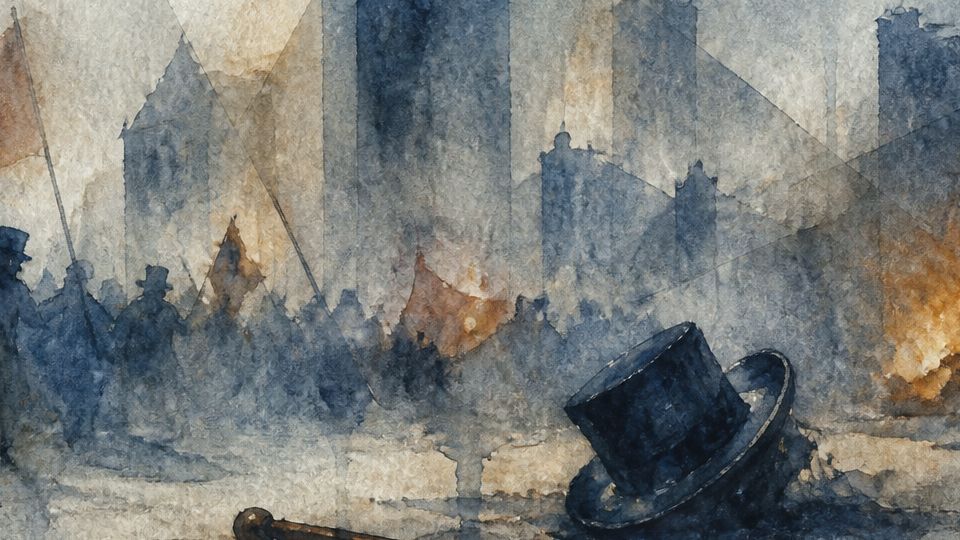 A crowd with red flags protests near a fallen hat, depicted in dark blues and warm tones.