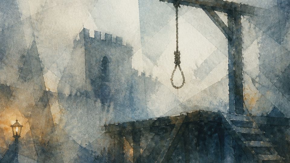 A gallows stands ominously under a cloudy sky, highlighted with dark blues and pale yellows.