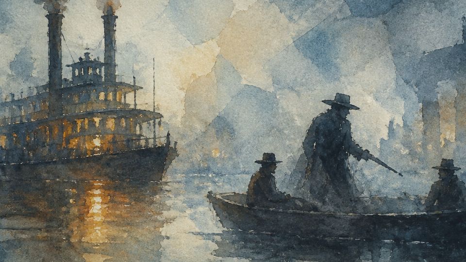 A figure in a boat confronts two men near a steamboat in this dark, moody watercolor scene.