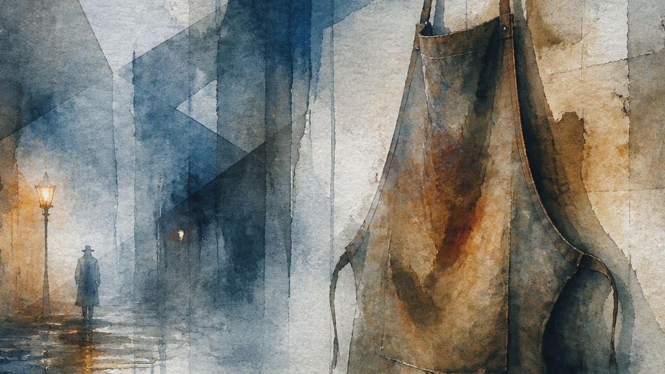 A shadowy figure walks down a foggy street; watercolor blues and warm browns dominate.