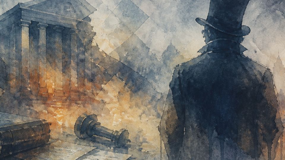 A man in a top hat stands before a burning structure, seen in dark blues and warm ochres.