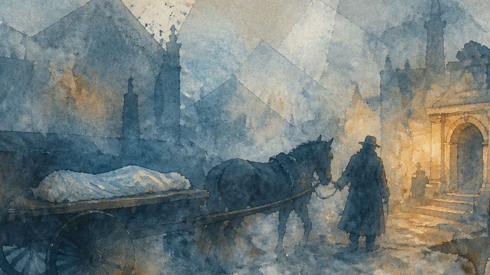 A horse-drawn cart carries a covered body through a foggy street in blue watercolor hues.