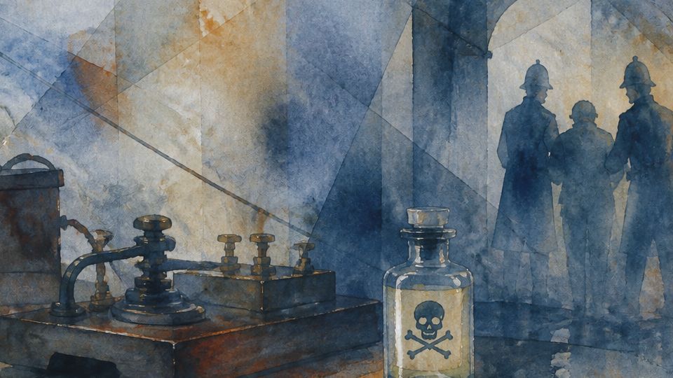A figure is shown near a poison bottle and dark objects, with a watercolor wash of blue hues.