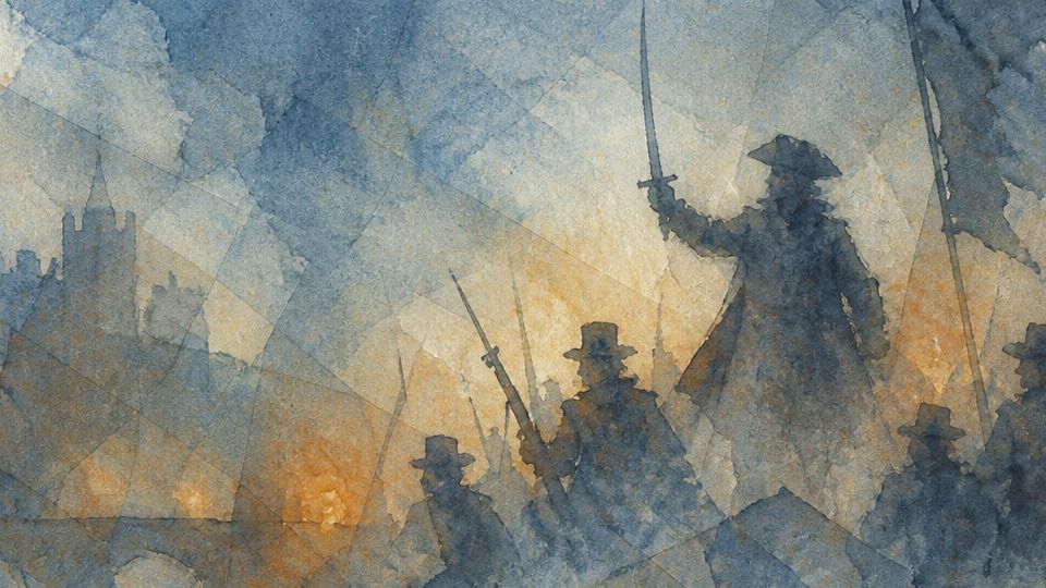 A figure stands with a sword leading others in the shadows, rendered in blue and orange watercolors.