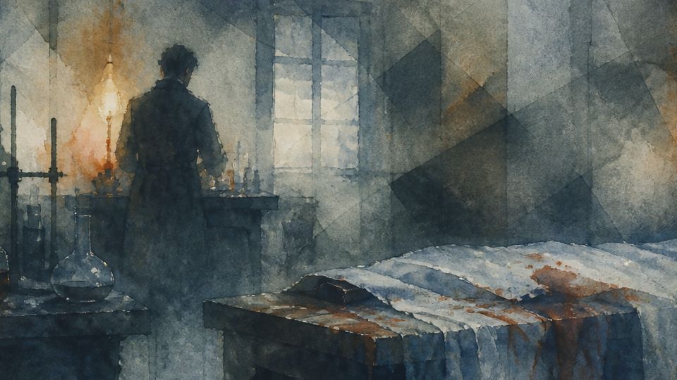 A figure stands at a table with glass flasks in a dimly lit room, painted in gray and warm hues.