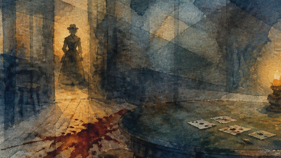 A shadowy figure stands in a doorway, illuminated by warm light, with watercolor shades of brown.