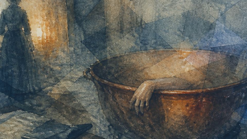 A woman stands near a cauldron, with a hand emerging from the water in muted blues and browns.