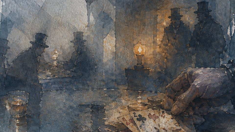 A hand places cards on a table surrounded by figures, rendered in blue and ochre watercolors.